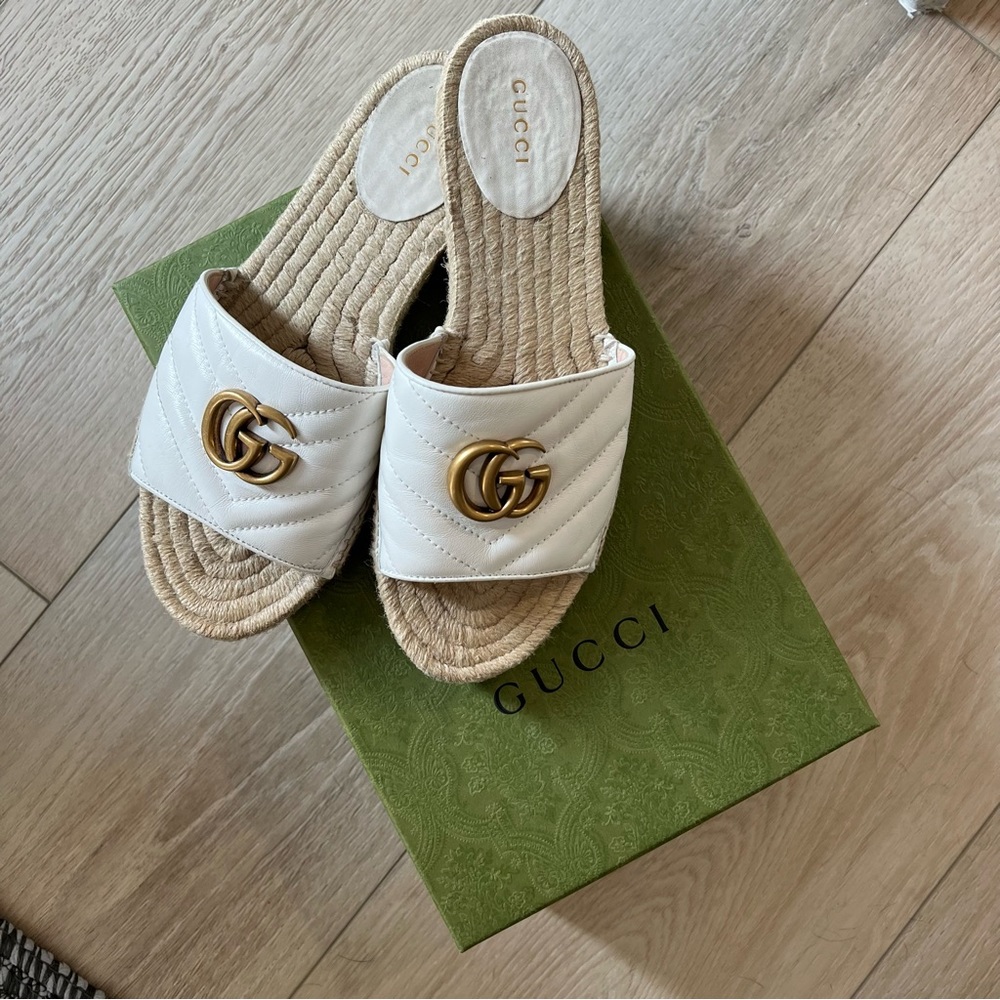 Gucci Pilar GG Matelasse Leather Espadrille Slides – White